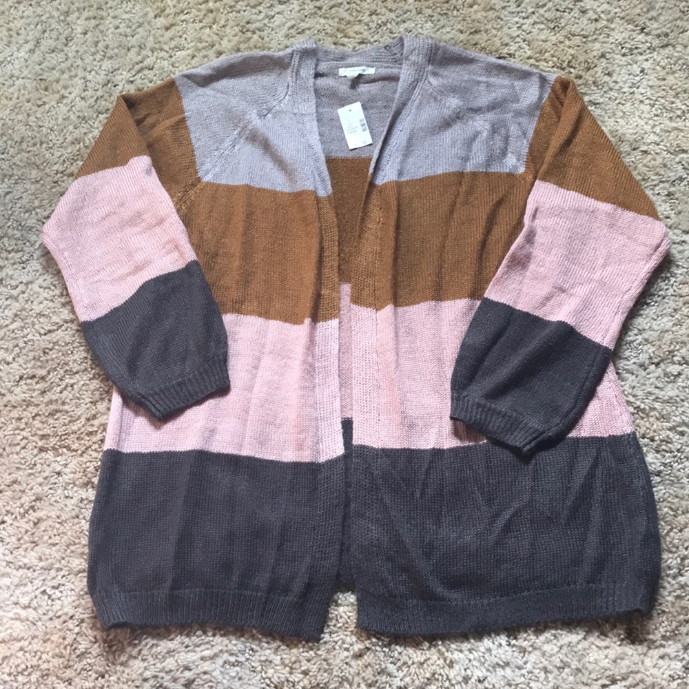 Maurices Grey Mustard Pink Striped Cardigan Sz Lg